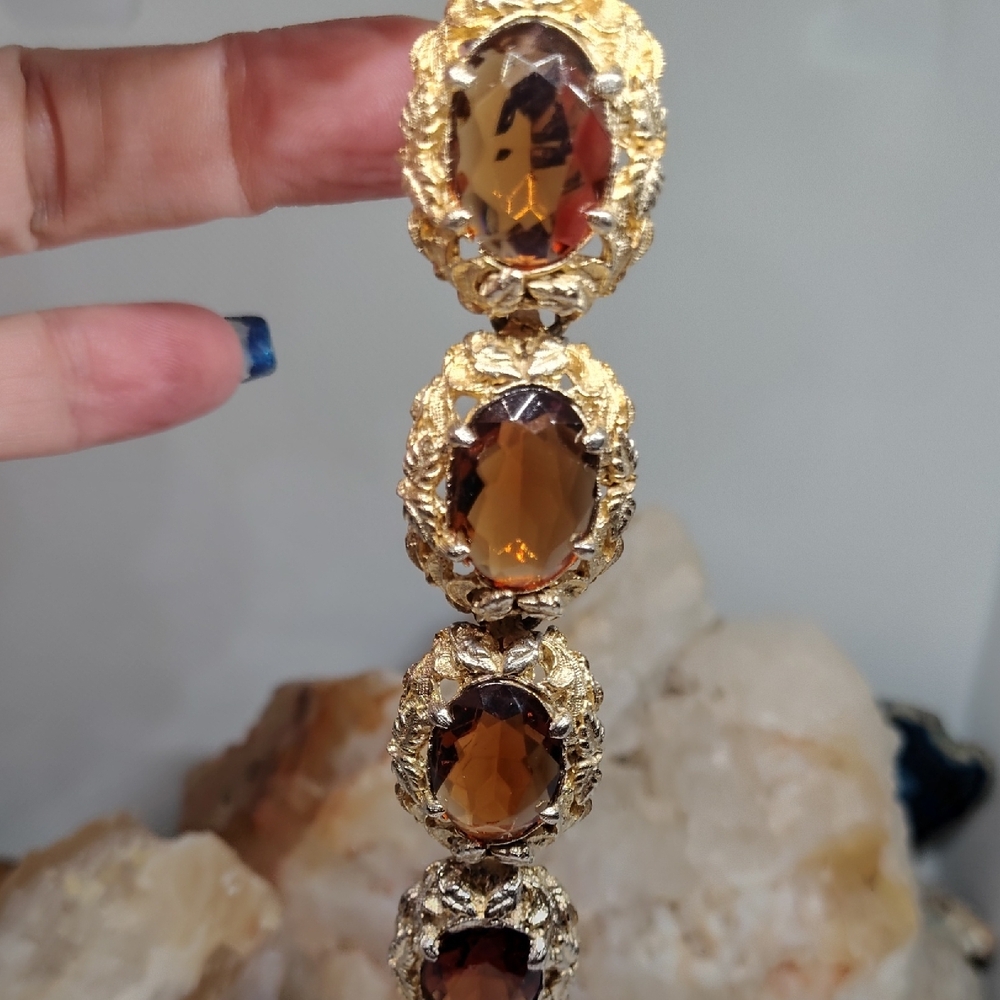 Art Deco Czech Glass Elegant Gold Gilt Women's Bracelet - Picture 8 of 10